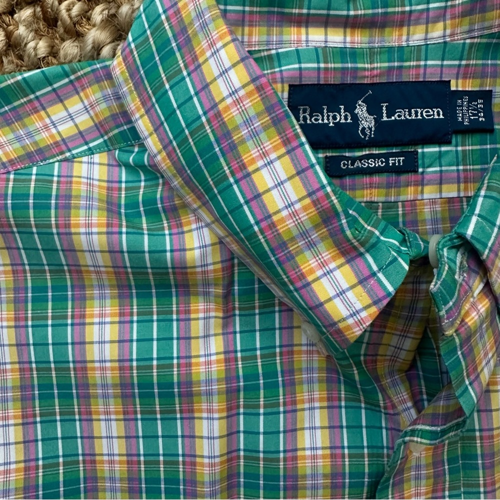 Polo Ralph Lauren Classic Dress Shirt (XL - 17.5 Neck 32/33 Arm) Green Plaid